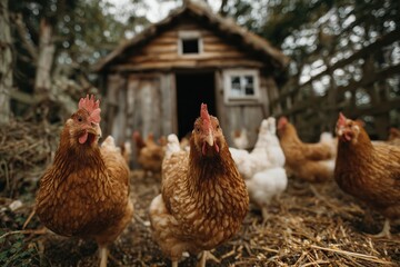 Hens foraging for grain in front of a rustic henhouse in bright summer light