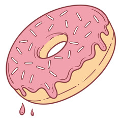 A delicious pink frosted donut with white sprinkles and dripping glaze isolated on a white background perfect for sweet treats and dessert concepts
