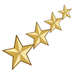 Obraz premium A diagonal line of four golden five pointed stars with dark brown outlines on a white background representing success and achievement