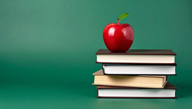 Red apple atop a stack of books against a green background