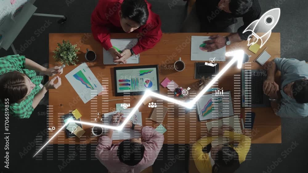 Poster a dynamic team collaborates in a modern office, discussing growth strategies while analyzing data an