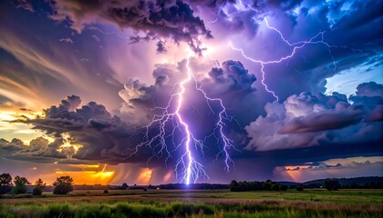 Dramatic lightning storm over a field at sunset