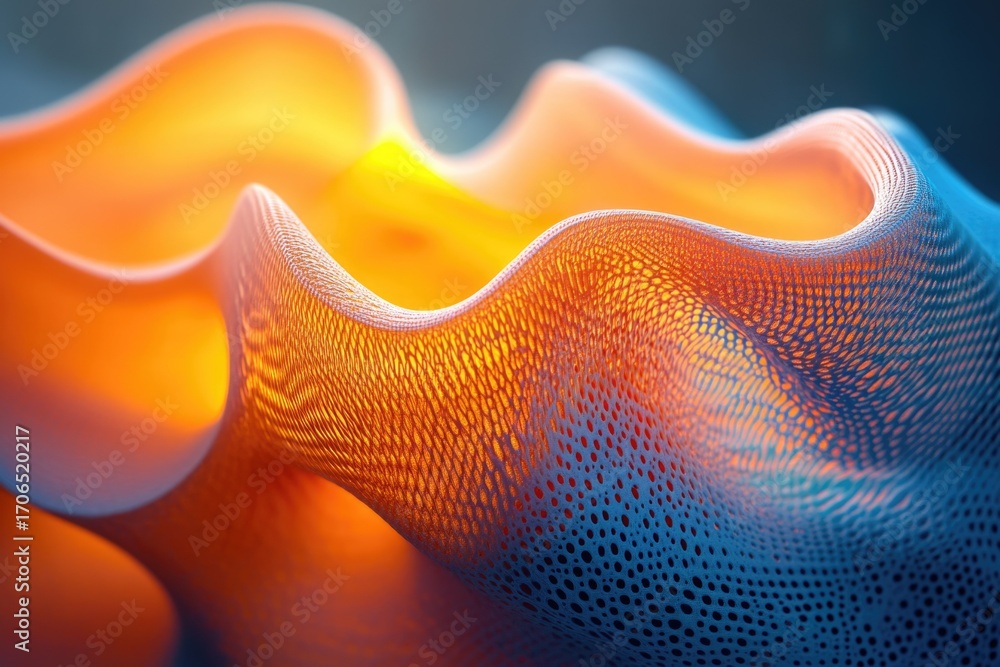 Poster abstract 3d rendering of a flowing, orange and blue net-like structure with a wavy texture.