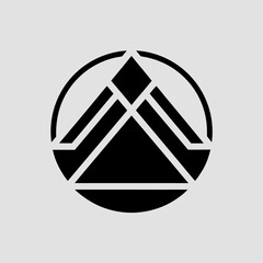 Abstract geometric black symbol within a circle representing a stylized mountain peak or upward arrow design on a light gray background