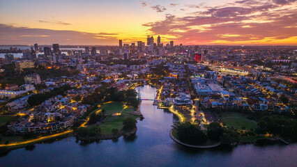 Aerial of East Perth at sunset