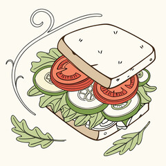 Freshly made vegetable sandwich with lettuce tomato and cucumber slices on white bread illustrated in a charming doodle style with decorative swirls and leaves