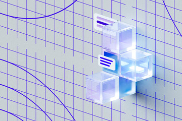 3D render of transparent cubes with chat icon on grid line back