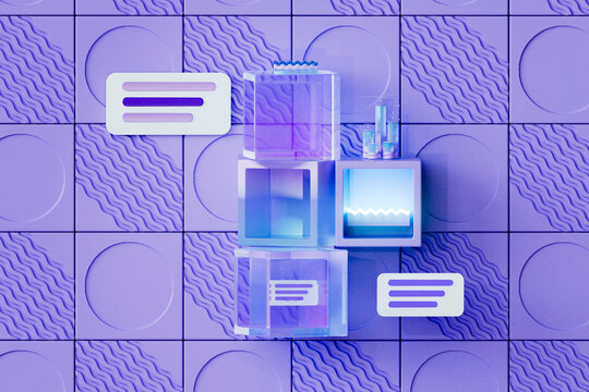  3D render of glass cubes with chat icons on purple geometric ti