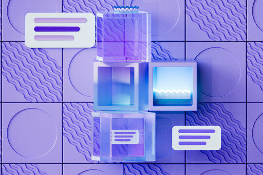  3D render of stacked glass cubes with chat icons on purple wall