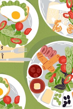 Traditional Turkish breakfast with eggs, salads, cheeses and appetizer