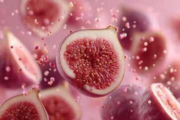 Halved figs with seeds spilling in slow motion on a textured pastel rose background create a vibrant appetizing scene