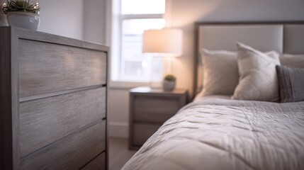Close medium shot emphasizing a stylish minimalist bedroom set with a neutraltoned bed and coordinated dresser and nightstand with subtle bokeh in the background.