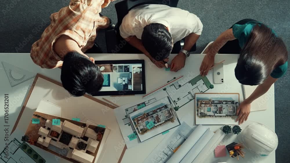 Aufkleber time lapse of skilled business man and smart colleague design house together. aerial view of archite
