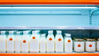 Milk Bottles with Halloween Pumpkin Stickers in Grocery Store Refrigerator