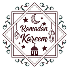Ramadan kareem greeting with islamic symbols including crescent moon stars mosque and lanterns within a decorative geometric frame