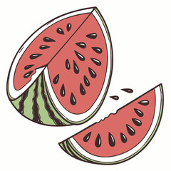 Refreshing slice of juicy watermelon with seeds and a small bite taken out isolated on white background