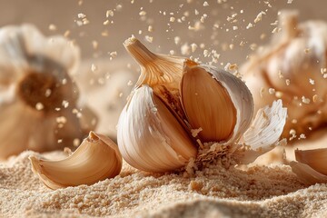 Garlic cloves being peeled with papery skins floating on a soft sand background in slow motion