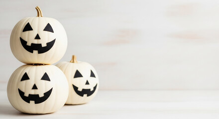 Three white pumpkins with black jack-o'-lantern faces, stacked on a white wood surface, against a white background, showcasing a Halloween theme with ample free space for text