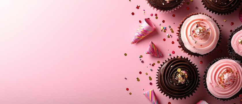 Pink and dark chocolate cupcakes with decorations - Powered by Adobe