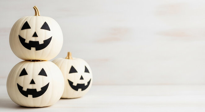 Three white pumpkins with black jack-o'-lantern faces, stacked on a white wood surface, against a white background, showcasing a Halloween theme with ample free space for text