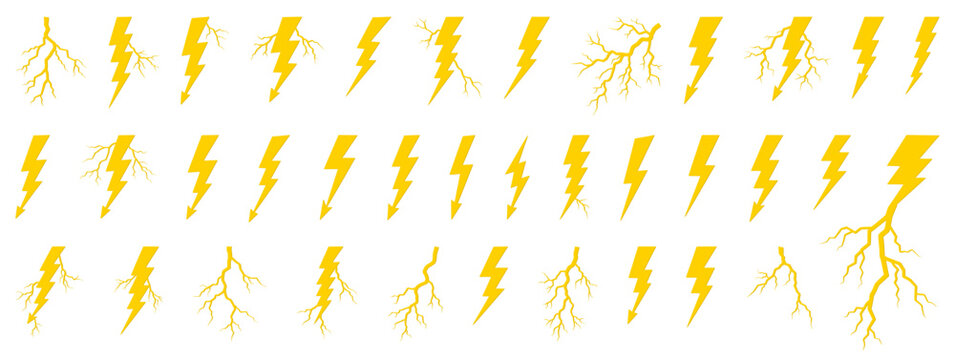 Vector lightning silhouettes set. Elements for thunderstorm design.