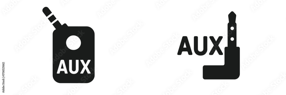 Poster two distinct auxiliary symbols designed for various audio and electronic devices and connectors illu