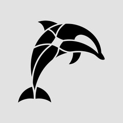 Stylized black silhouette of a leaping dolphin with a segmented geometric design against a plain light gray background
