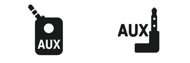 Two distinct auxiliary symbols designed for various audio and electronic devices and connectors illustrating connectivity options