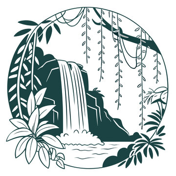 Stylized circular illustration of a lush jungle scene featuring a cascading waterfall surrounded by tropical plants and hanging vines