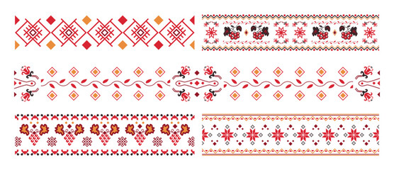Dividers and borders with the graphic Slavic ornaments, Ukrainian decorative art and embroidery, ornaments with symbols and abstract element set. Vector abstract ethnic pattern art.