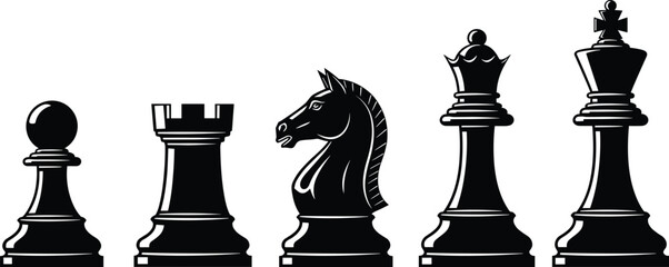 Chess pieces silhouettes vector illustration, pawn rook knight queen king icon set, strategic board game design, classic chess figure graphic clipart ©  Creative Crafter