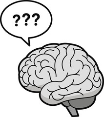 A charming pixel art illustration depicts a gray brain pondering, a speech bubble above it filled with question marks, suggesting curiosity and contemplation.