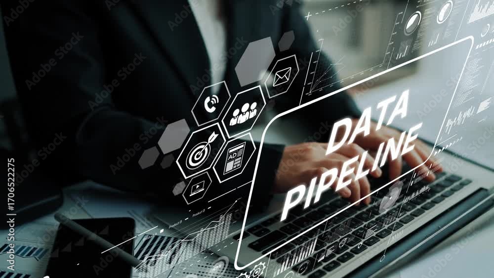 Poster professional analyzing data pipeline on laptop using digital interface with graphics and charts in m