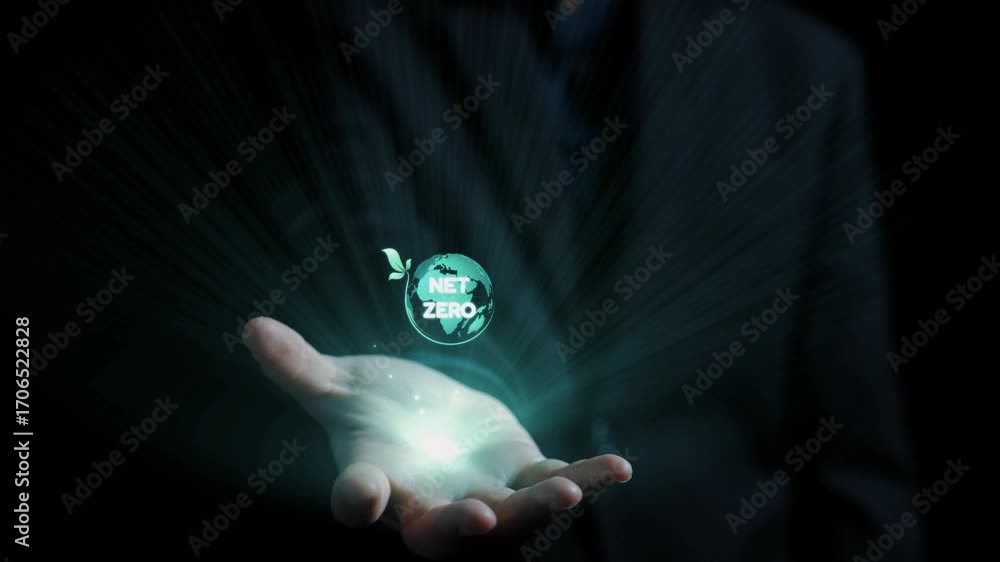 Poster a captivating visual of a hand holding a luminous green globe with the words net zero, surrounded by