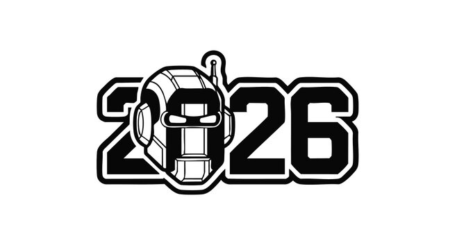 A stylized image of the year twenty twenty six with a soccer ball in the center in black and white