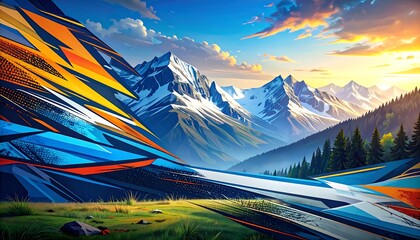 Mountain landscape with vibrant abstract shapes