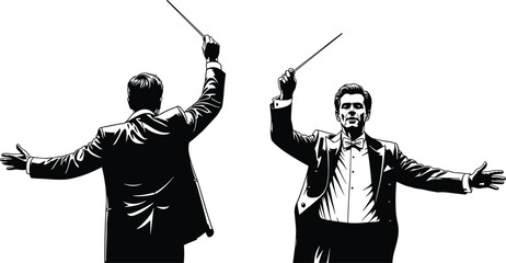 Black and white silhouette, orchestra conductor front view, conductor back view, holding baton, directing music, formal suit, musical performance, vector illustration ©  Creative Crafter
