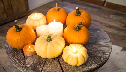 Pumpkins and candles on a rustic wooden table