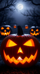 Illuminated jack-o'-lantern in dark spooky Halloween scene, moonlight background, symbolizing autumn, celebration, and mystery