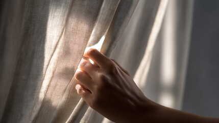 Sunlit Hand Opens Sheer Curtains, Revealing Soft Light and Hope.