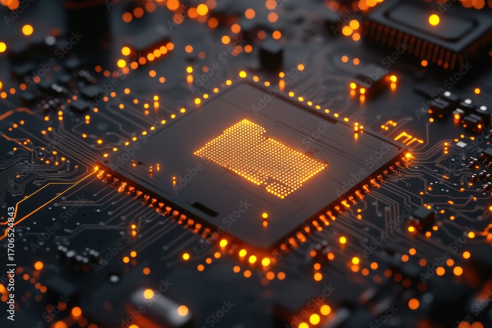 Poster close-up of a glowing computer processor on a circuit board, showcasing intricate technological deta