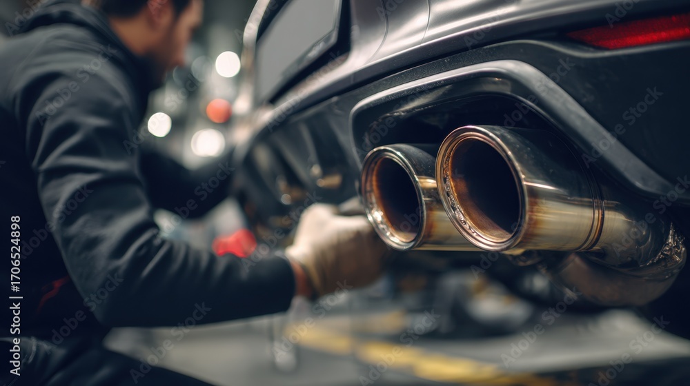 Poster medium shot of a mechanic installing a highperformance exhaust pipe on a sports car with the shiny p