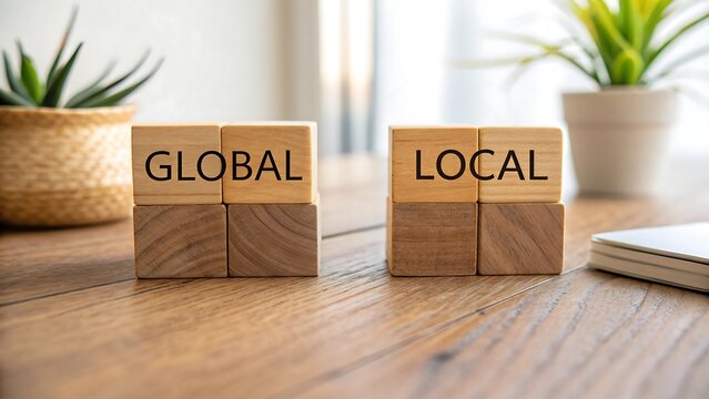 Global and local concept shown with wooden cubes on desk in modern office background, symbolizing international and regional business strategy ideas - Powered by Adobe