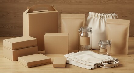Variety of eco-friendly packaging and containers on wooden table  