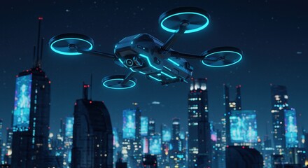 Futuristic hover car flying above illuminated city skyline at night  