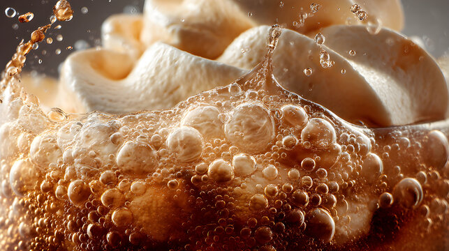 A close-up of a root beer float with whipped cream swirling on the foamy, bubbly surface of a dark soda, which provides a delicious refreshing sensation.