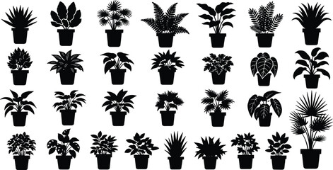Potted plant silhouettes vector illustration, indoor houseplant icon set, decorative foliage design, botanical leaf graphic, home garden and greenery clipart