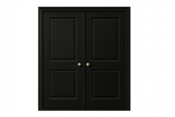 Closed double door with golden knobs, featuring a classic design, isolated on transparent background, ideal for architectural visualizations