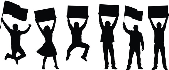 Protest and demonstration silhouettes vector illustration, activist crowd with signs and flags icon set, political rally design, social movement graphic clipart