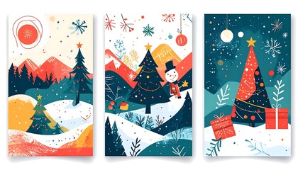 Festive winter landscapes with Christmas trees and a snowman